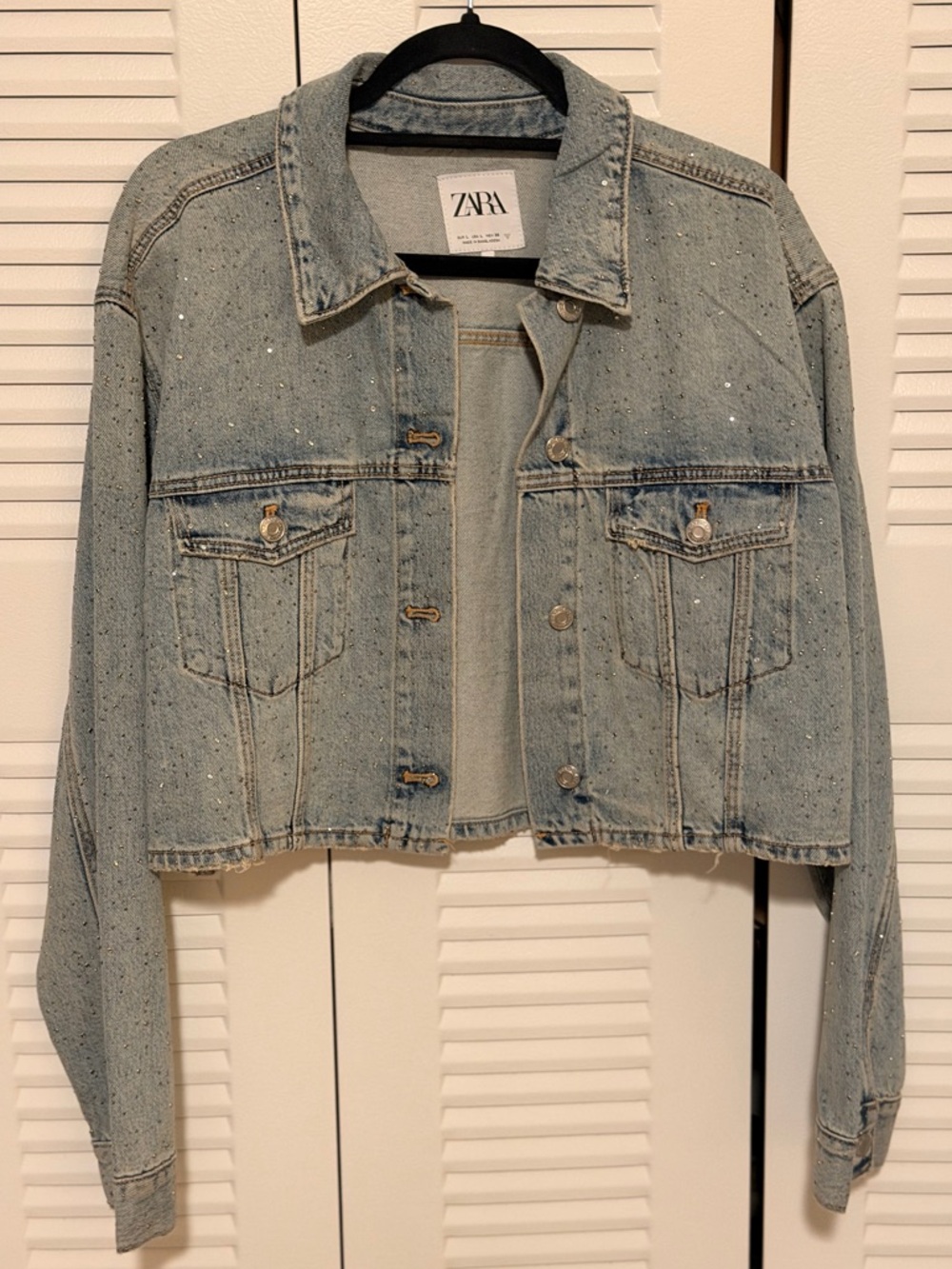 Zara Light Wash Cropped Denim Jacket with Sparkle Rhinestone Embellishment